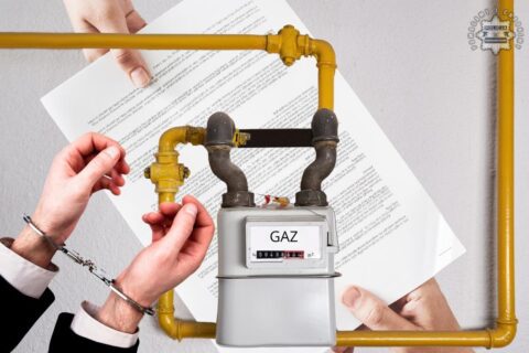 Grafika przedstawiająca licznik gazu wraz z rurami oraz dłonie w kajdankach
