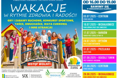 Plakat zapraszający na festyny W rytmie zdrowia i radości