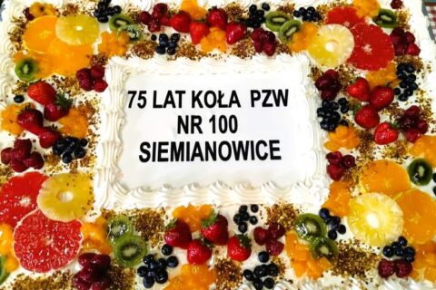 Okolicznościowy tort z napisem 75 lat Koła PZW nr 100 Siemianowice