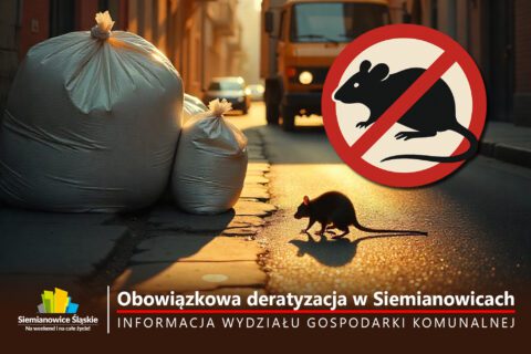 Na zdjęciu widoczna jest ulica w Siemianowicach Śląskich oświetlona zachodzącym słońcem. Na pierwszym planie widać worki ze śmieciami stojące przy chodniku oraz przechodzącego szczura. W prawym górnym rogu znajduje się symbol zakazu – sylwetka szczura przekreślona czerwonym kołem. Na dole grafiki znajduje się logo miasta oraz napis: „Obowiązkowa deratyzacja w Siemianowicach – informacja Wydziału Gospodarki Komunalnej”.
