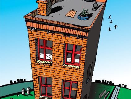 Grafika przedstawia stylizowaną, komiksową ilustrację budynku z czerwonej cegły - familoka. Budynek ma czerwone okna z firankami. Tło nieba przechodzi od jasnego błękitu na dole do ciemniejszego u góry. W lewym górnym rogu widnieje duży, czarny napis: „FAMILOK 2.0”.