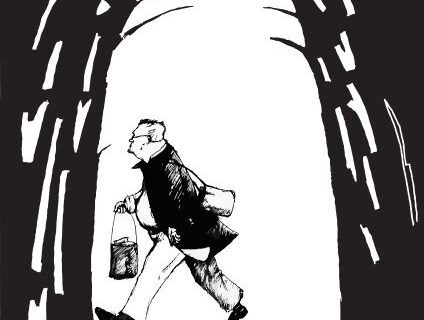 Grafika utrzymana jest w czarno-białej stylistyce, przypominającej szkic tuszem. W centrum widnieje sylwetka mężczyzny idącego energicznym krokiem. Ma na sobie długi płaszcz, jasne spodnie i ciemne buty. Postać porusza się przez aleję. Całość kompozycji ma ekspresyjny charakter i sugeruje codzienną scenę, ukazaną w uproszczonej, symbolicznej formie.