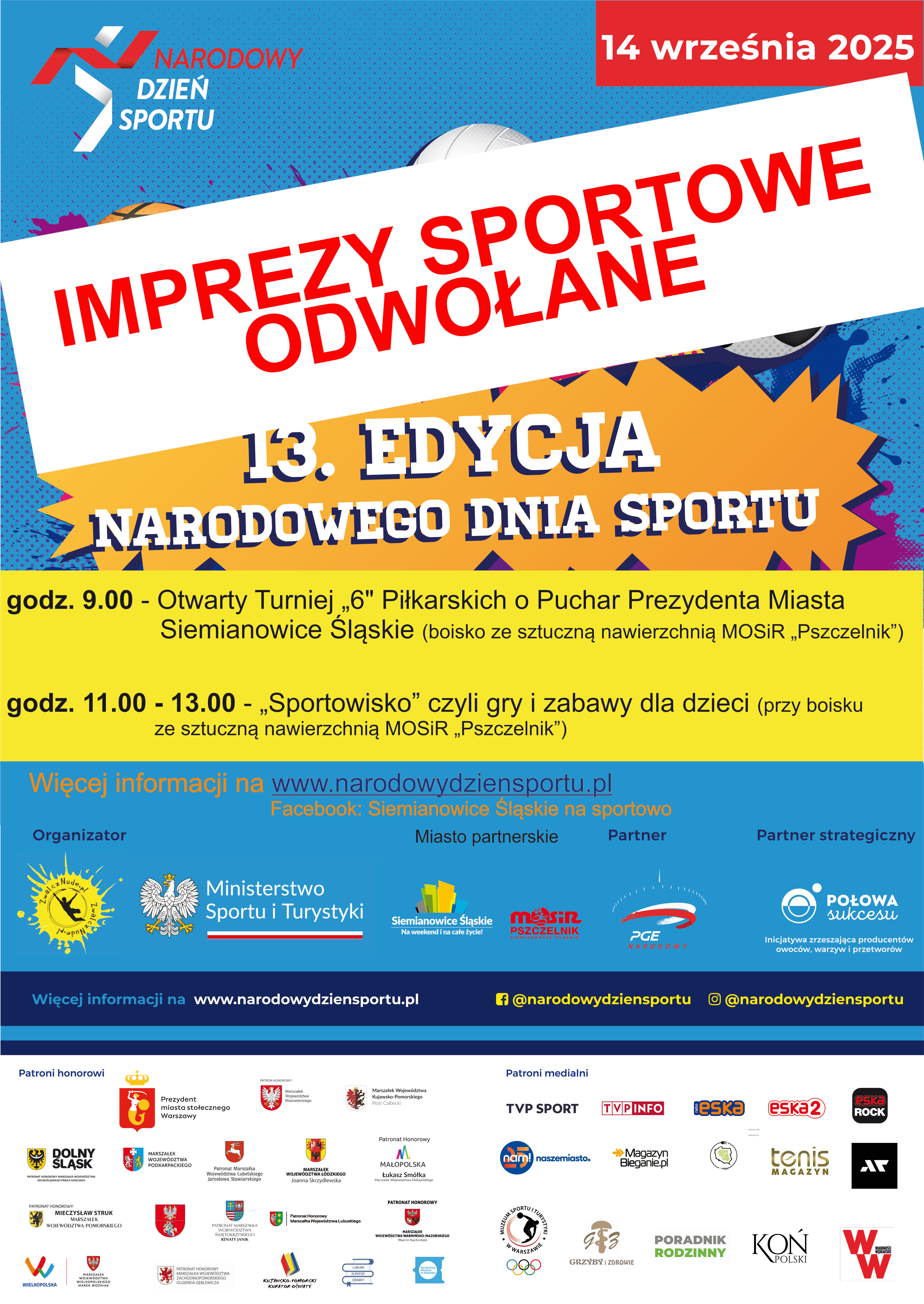 Odwołanie plenerowych imprez sportowych w dniu 14.09.2025 r.