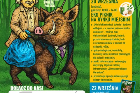 Plakat informacyjny akcji „Wspólnie posprzątajmy świat!” w Siemianowicach Śląskich. Zawiera ilustrację uśmiechniętego mężczyzny prowadzącego dzika w garniturze i trzymającego worek na śmieci. Obok znajdują się szczegóły wydarzeń: sprzątanie świata w szkołach (18, 19, 22 września), Eko Piknik na Rynku Miejskim (20 września) oraz wspólne sprzątanie mieszkańców i radnych (22 września). Na dole plakat pokazuje mapę miejsca zbiórki przy ul. Krupanka oraz logotypy partnerów akcji.