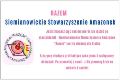 Siemianowickie Stowarzyszenie Amazonek „RAZEM” – logo stowarzyszenia oraz informacje dla kobiet zmagających się z rakiem piersi.