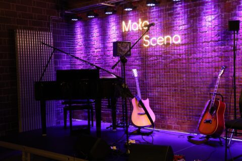 Scena w Małej Scenie - widzimy 2 gitary na statywach i neonowe logo sali