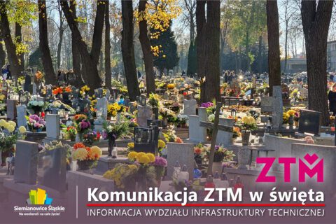 Cmentarz w Siemianowicach Śląskich w Święto Wszystkich Świętych. Groby ozdobione żółtymi i purpurowymi chrysantemami, białymi kwiatami oraz zapalonymi zniczami. Wśród drzew widać odwiedzających mieszkańców. Logo ZTM i napis „Komunikacja ZTM w święta – Informacja Wydziału Infrastruktury Technicznej".
