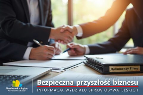 Scena biurowa – osoby w garniturach podpisują dokumenty i podają sobie dłonie na znak porozumienia. Na pierwszym planie teczka opisana „Dokumenty firmy” oraz laptop. Grafika symbolizuje bezpieczeństwo przedsiębiorstwa i ciągłość działania dzięki zarządowi sukcesyjnemu.