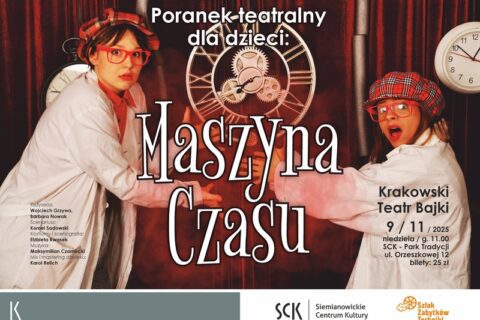 Plakat zapraszający na spektakl dla dzieci "Maszyna czasu"