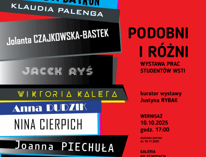 Plakat ma intensywne, czerwone tło i przedstawia informacje o wystawie prac studentów. Po lewej stronie ułożone są skośnie prostokąty w różnych kolorach – będące uproszczonym przedstawieniem okładek książek – z imionami i nazwiskami uczestników wystawy. Każde nazwisko zapisano innym krojem pisma. Na dole znajdują się logotypy Muzeum Miejskiego i WSTI.