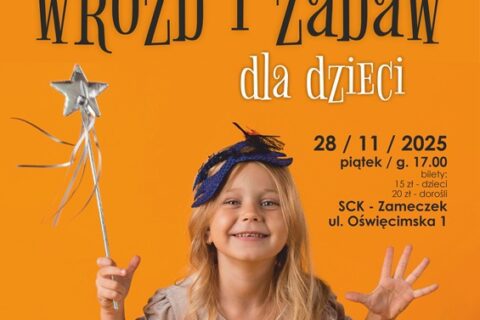 Plakat na pomarańczowym tle dziewczynka z różdżką