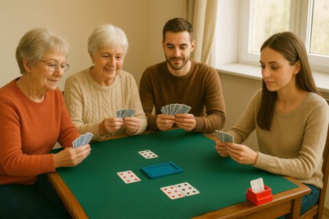 Cztery osoby siedzą przy stole i grają w karty
