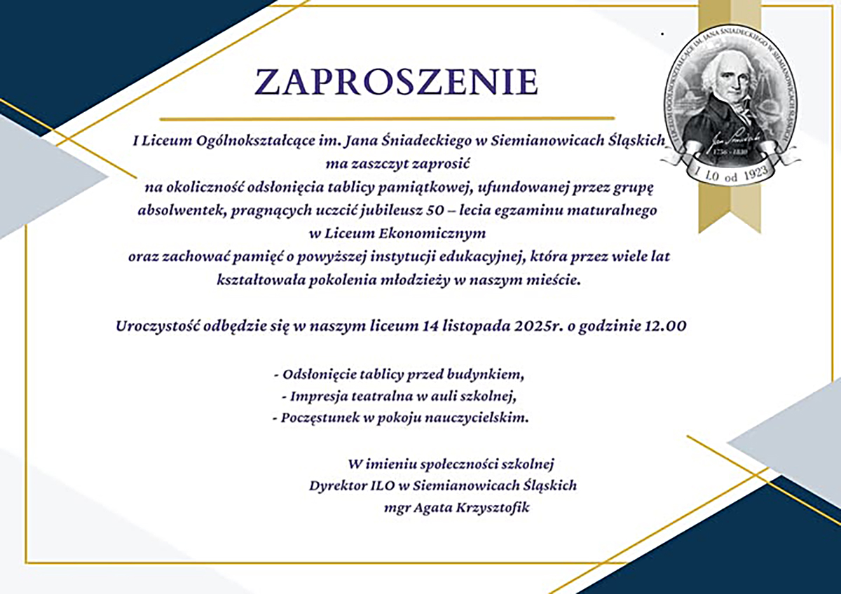 Upamiętnienie 50-lecia egzaminu dojrzałości w Liceum Ekonomicznym – zaproszenie