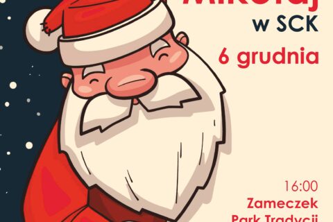 Grafika promująca trzy imprezy mikołajkowe w Siemianowickim Centrum Kultury