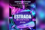 Plakat konkursu muzycznego Estrada Młodych 2026 na tle neonowych świateł z motywem mikrofonu i nut. Widoczna data 21 marca 2026 oraz adres: ul. Niedurnego 36 w Rudzie Śląskiej.