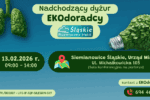 Grafika informacyjna zapowiadająca dyżur EKOdoradcy. Na niebiesko-zielonym tle widoczne są zielone płuca oraz żarówka z liści symbolizujące ekologię. Na grafice podano datę: 13 lutego 2026 roku, godziny: od 9.00 do 14.00 oraz miejsce: Urząd Miasta w Siemianowicach Śląskich, ul. Michałkowicka 105, sala konferencyjna na parterze. Umieszczono logotyp programu „Śląskie. Przywracamy błękit” oraz numer telefonu kontaktowego do EKOdoradcy: 694 462 099.