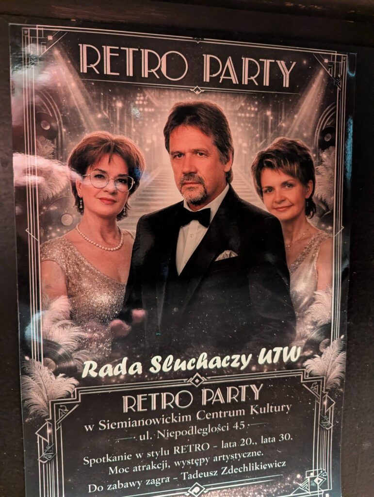 Plakat o balu w stylu retro organizowany dla słuchaczy SUTW.