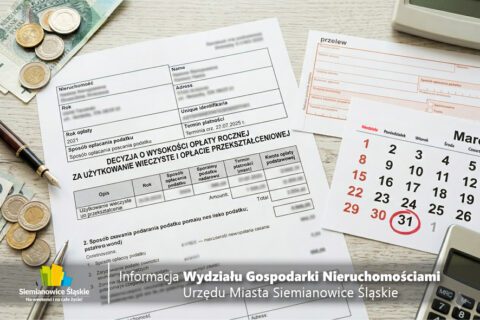 Grafika informacyjna na jasnym tle z kalendarzem pokazującym datę 31 marca. Napisy: Ważny termin płatności, Użytkowanie wieczyste i opłata przekształceniowa. Ikony monet, banknotów i terminala płatniczego.