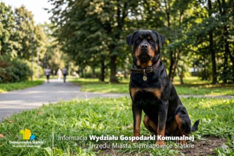 Zdjęcie rottweilera siedzącego w parku, z dodanym logiem miasta oraz tekstem informacyjnym od urzędu w dolnej części.
