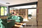 Wizualizacja wnętrza biblioteki – czytelnia widoczne regały i kanapy