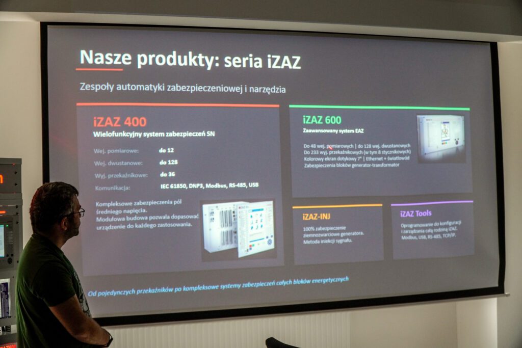Slajd prezentacji z opisem produktów wyświetlany podczas wizyty edukacyjnej.