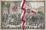 Stylizowana grafika przedstawiająca dwa ważne wydarzenia historyczne związane z 3 maja. Po lewej stronie scena uchwalenia Konstytucji 3 Maja w XVIII wieku – postacie w strojach z epoki zgromadzone wokół stołu z dokumentem. Po prawej marsz powstańców śląskich z biało-czerwonymi flagami oraz sztandarem w barwach Górnego Śląska, symbolizujący wybuch III Powstania Śląskiego. Całość rozdziela wstęga w kolorach Polski, podkreślająca wspólnotę historii i pamięci.