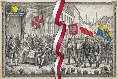 Stylizowana grafika przedstawiająca dwa ważne wydarzenia historyczne związane z 3 maja. Po lewej stronie scena uchwalenia Konstytucji 3 Maja w XVIII wieku – postacie w strojach z epoki zgromadzone wokół stołu z dokumentem. Po prawej marsz powstańców śląskich z biało-czerwonymi flagami oraz sztandarem w barwach Górnego Śląska, symbolizujący wybuch III Powstania Śląskiego. Całość rozdziela wstęga w kolorach Polski, podkreślająca wspólnotę historii i pamięci.