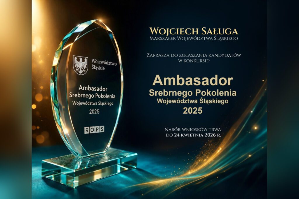 Szklana statuetka na ciemnym tle. Grafika dotycząca Ambasadora Srebrnego Pokolenia Województwa Śląskiego 2026 r.