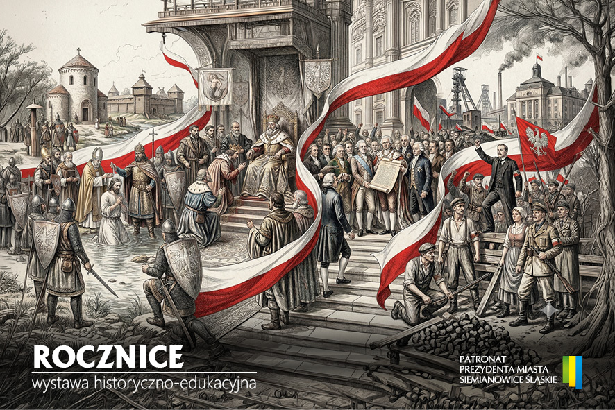 Ilustracja promująca wystawę historyczno-edukacyjną „Rocznice”. Grafika przedstawia symboliczny przegląd dziejów Polski – od średniowiecza po XX wiek – z postaciami historycznymi, żołnierzami i przedstawicielami społeczeństwa różnych epok. Kompozycję łączy biało-czerwona flaga, prowadząca przez kolejne okresy historii. Na dole widnieje napis „Rocznice – wystawa historyczno-edukacyjna” oraz informacja o patronacie Prezydenta Miasta Siemianowice Śląskie wraz z flagą miasta.
