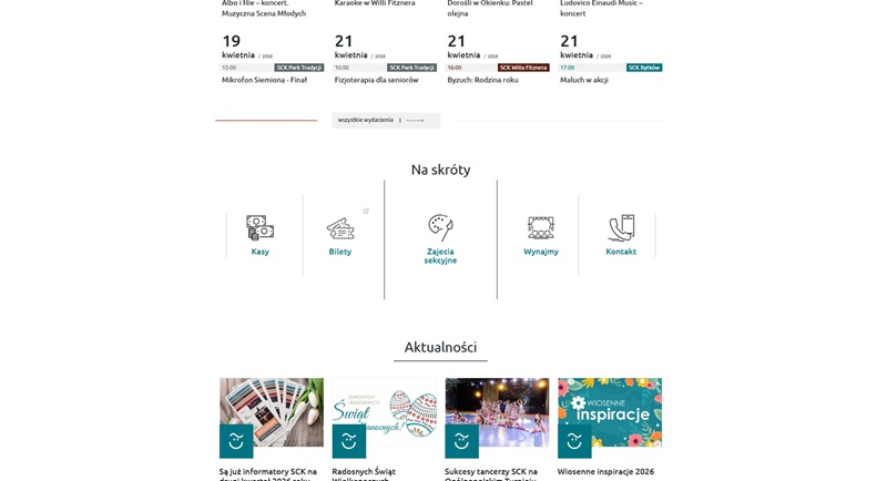 Sekcja „Na skróty” z odnośnikami do kasy, biletów, zajęć sekcyjnych, wynajmu i kontaktu oraz poniżej lista aktualności Siemianowickiego Centrum Kultury