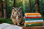 Grafika przygotowana z okazji Dnia Bibliotekarza i Bibliotekarki przedstawia sowę wśród książek na tle lasu. Ilustracja symbolizuje wiedzę i wyobraźnię.