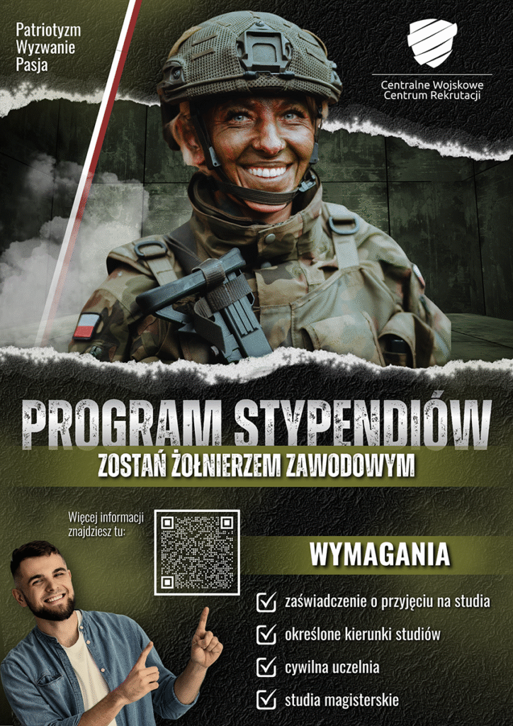 Plakat reklamujący program stypendiów dla żołnierzy zawodowych. Zielone kolory, uśmiechnięty żołnierz na zdjęciu.