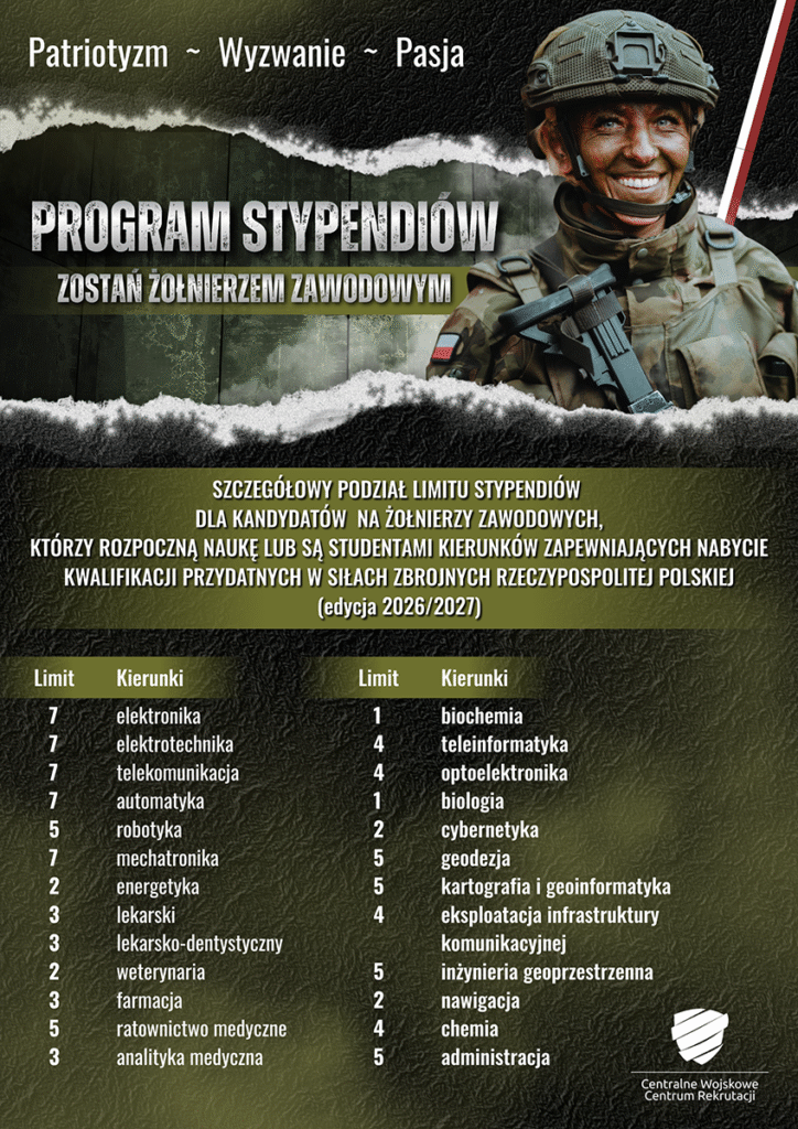 Szczegółowa infografika dotycząca programu stypendiów dla tych, którzy chcą zostać zawodowymi żołnierzami. Plakat w barwie ziemnozielonej.
