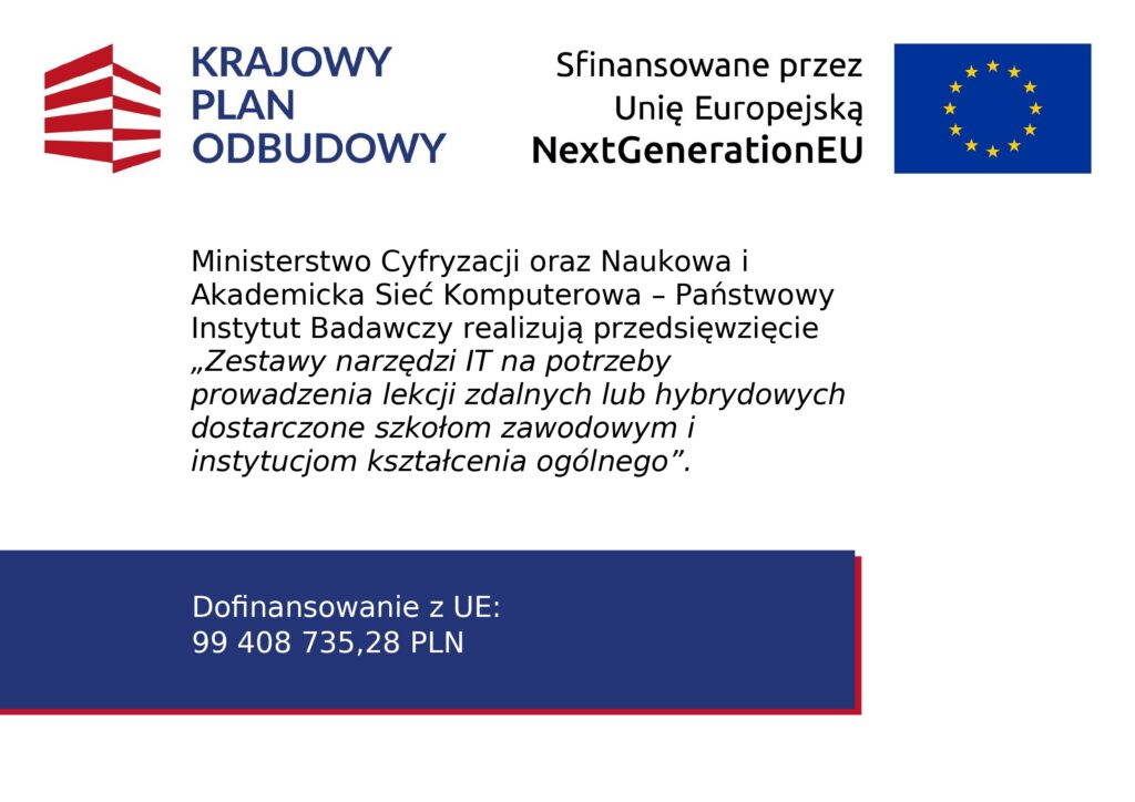 Grafika informująca o dofinansowaniu z UE na sprzęt do nauczania zdalnego