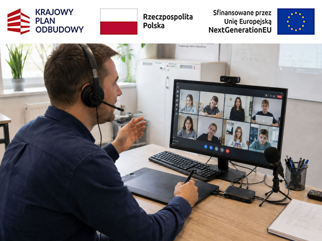 Nauczyciel prowadzi lekcję zdalną z uczniami podczas wideokonferencji.