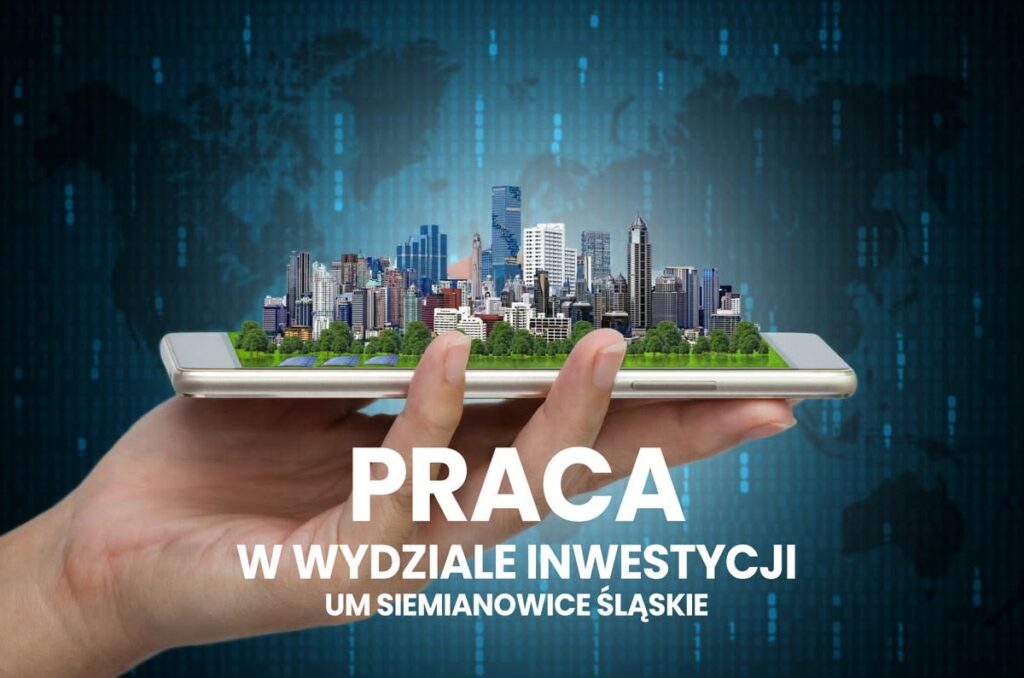 Dłoń trzymająca smartfon, z którego wyrasta nowoczesne miasto