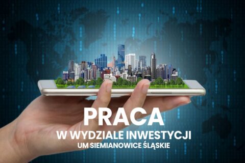Dłoń trzymająca smartfon, z którego wyrasta nowoczesne miasto