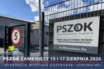 Metalowa brama wjazdowa na teren PSZOK-u z tablicą informacyjną, znakiem ograniczenia prędkości do 5 km/h oraz napisem PSZOK Siemianowice Śląskie.