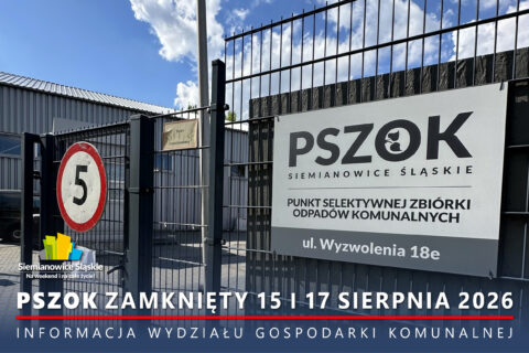 Metalowa brama wjazdowa na teren PSZOK-u z tablicą informacyjną, znakiem ograniczenia prędkości do 5 km/h oraz napisem PSZOK Siemianowice Śląskie.