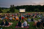 Fotografia przedstawia kino plenerowe na Rzęsie odbywające się wieczorem na świeżym powietrzu. Na dużej trawiastej przestrzeni zgromadzona jest publiczność siedząca na kolorowych leżakach, kocach i matach. Widzowie oglądają pokaz filmowy na dużym ekranie ustawionym w centralnej części kadru, na którym widnieje napis „Kino plenerowe na Rzęsie”. Wokół widoczne są girlandy z lampkami tworzące przytulną atmosferę. W tle rozciąga się zielony krajobraz z drzewami a niebo ma barwy wieczornego zmierzchu.