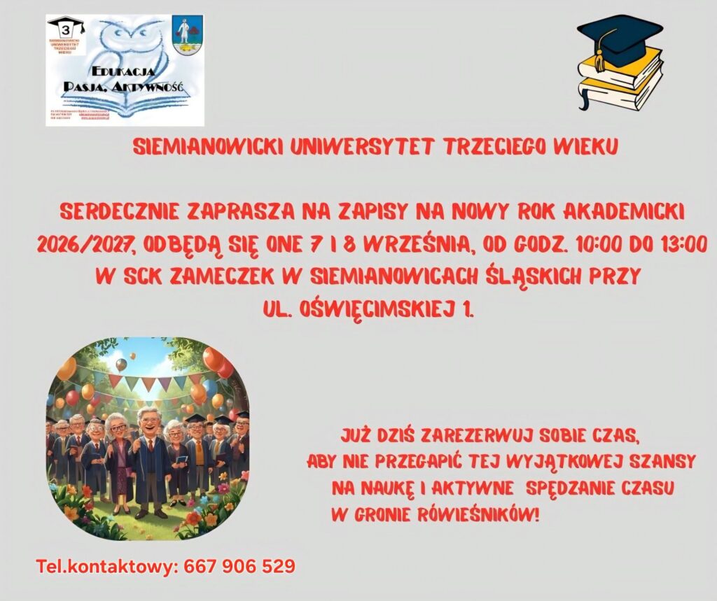 Plakat Siemianowickiego Uniwersytetu Trzeciego Wieku z informacją o zapisach na rok akademicki 2026/2027.