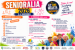 Kolorowy plakat promujący Senioralia 2026 w Siemianowicach Śląskich, które odbędą się 3 i 4 września. Grafika przedstawia program wydarzeń, m.in. Senioriadę z konkurencjami sportowo-rekreacyjnymi, warsztaty, korowód seniorów oraz występy w Amfiteatrze w Parku Miejskim. Wśród konkurencji Senioriady wymieniono m.in. szachy, skat, strzelanie piłką do bramki, slalom z piłeczką na łyżce, Jengę XXL, pchnięcie kulą, strzelanie do tarczy i bule. Na dole plakatu znajdują się informacje o zapisach, a po prawej stronie grupa uśmiechniętych seniorów zachęcających do udziału w wydarzeniu.