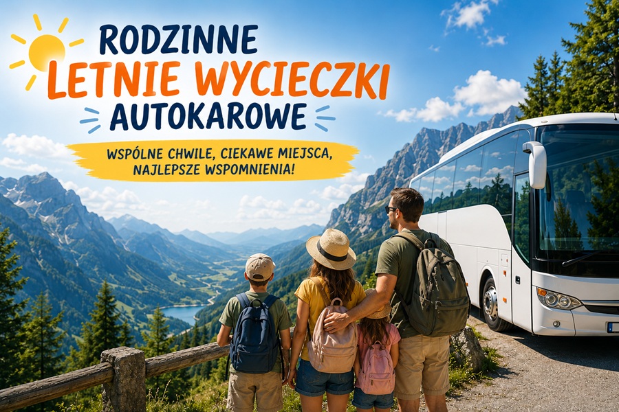 Grafika promuje rodzinne letnie wycieczki autokarowe. Na pierwszym planie widoczna jest czteroosobowa rodzina stojąca przy punkcie widokowym i podziwiająca malowniczy górski krajobraz z doliną oraz jeziorem. Obok zatrzymał się nowoczesny biały autokar, symbolizujący wspólne podróże i odkrywanie nowych miejsc. W górnej części plakatu umieszczono kolorowy tytuł „Rodzinne Letnie Wycieczki Autokarowe” oraz hasło zachęcające do wspólnego spędzania czasu i tworzenia wakacyjnych wspomnień.