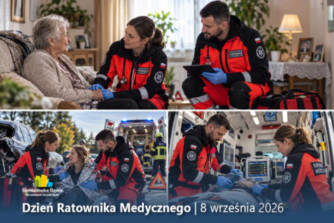 Kolaż trzech fotografii przedstawiających ratowników medycznych podczas codziennej pracy. W górnej części dwoje ratowników w czerwono-czarnych uniformach udziela pomocy starszej kobiecie w jej domu. W dolnej lewej części ratownicy zajmują się poszkodowaną kobietą przy samochodzie po wypadku drogowym, obok znajduje się ambulans. W dolnej prawej części dwoje ratowników udziela pomocy pacjentowi we wnętrzu karetki, korzystając z aparatury medycznej. Na dole grafiki widnieje napis „Dzień Ratownika Medycznego | 8 września 2026”.