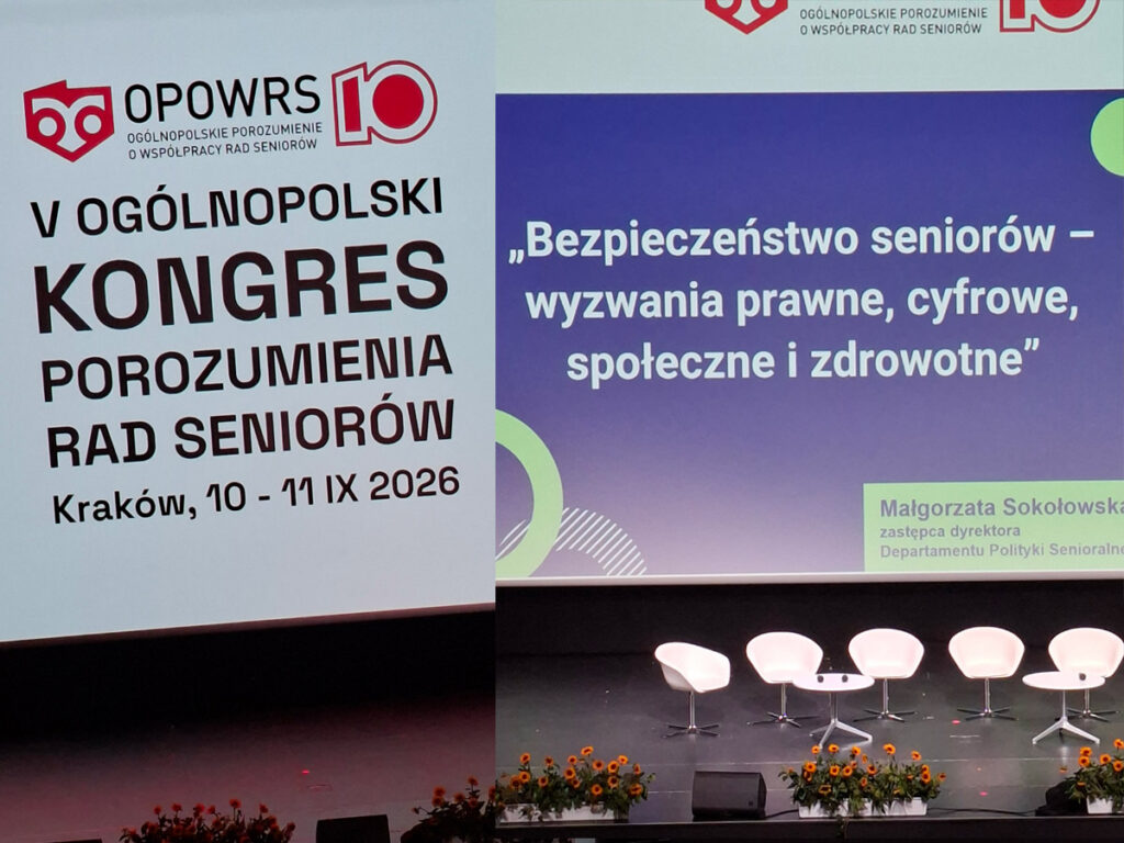 V Kongres Rad Seniorów w Krakowie, 10–11 września 2026 r. Na scenie prezentacja dotycząca bezpieczeństwa seniorów.