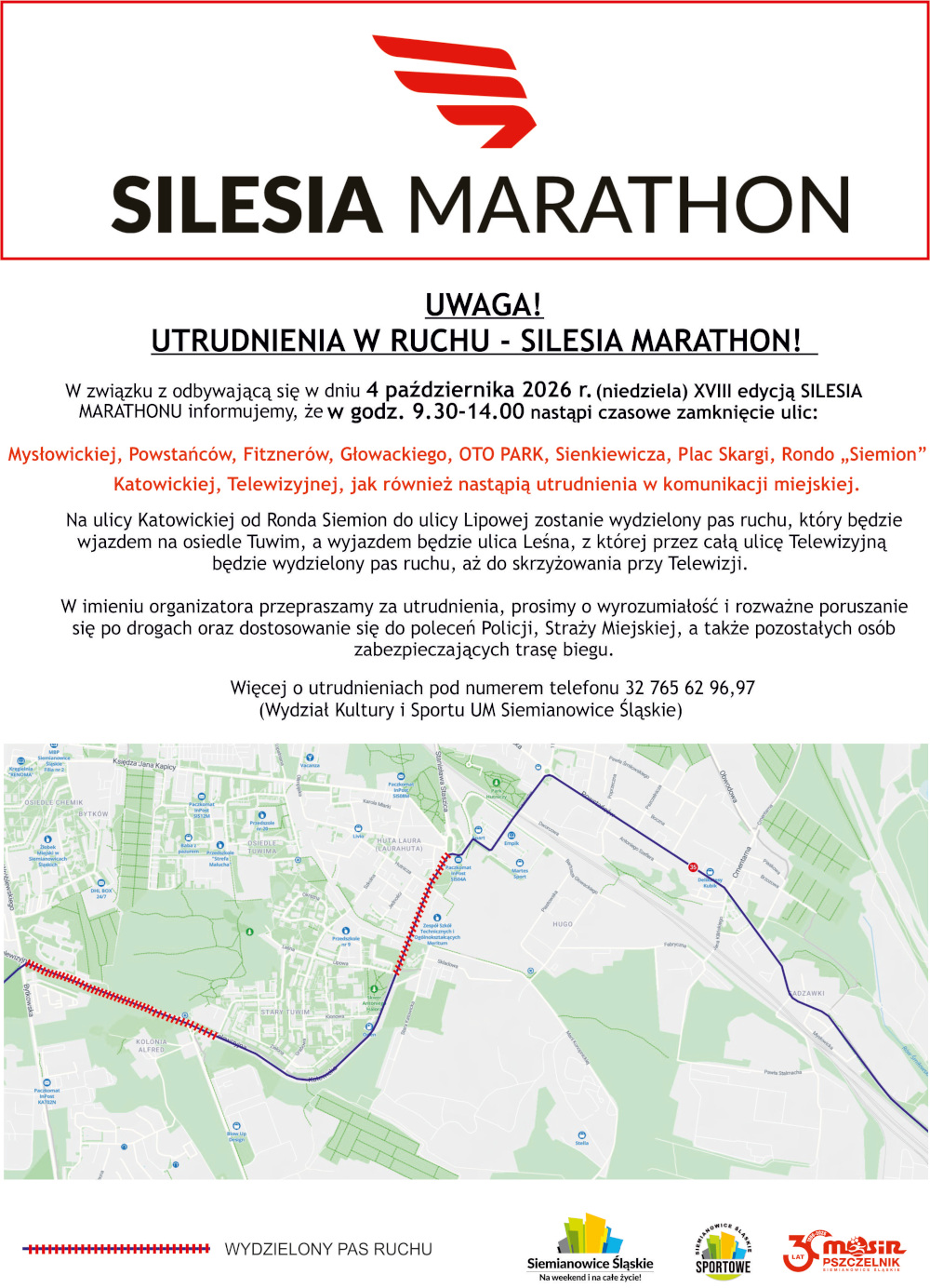 Utrudnienia w ruchu już w najbliższą niedzielę 4 PAŹDZIERNIKA – XVIII SILESIA MARATHON!!!