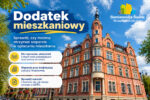 Grafika dotycząca dodatków mieszkaniowych. W tle budynek Ratusza.
