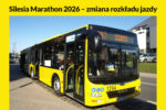 Żółty autobus - grafika informująca o utrudnieniach w ruchu z okazji organizacji Silesia Marathon 2026