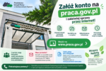 Grafika zachęcająca do stworzenia konta w praca.gov.pl. W tle urząd PUP-u.
